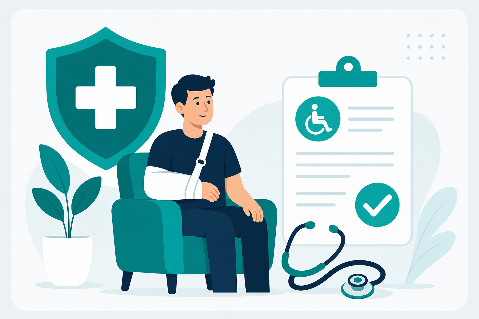 Person recovering with an arm sling beside a medical shield and disability claim illustration