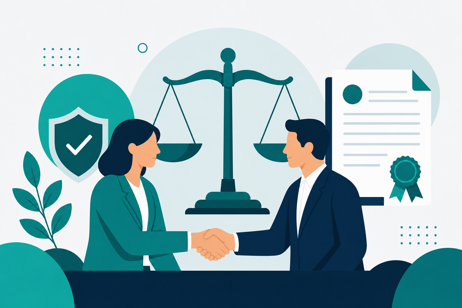 Advisor and client handshake in front of a scale of justice, representing professional ethics