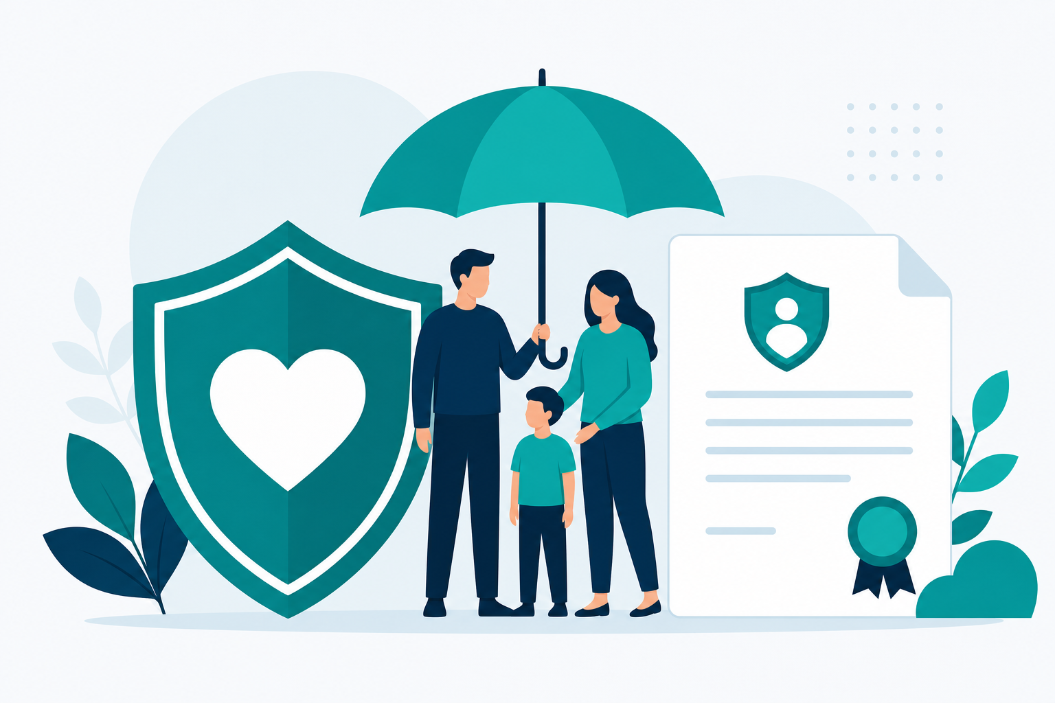 Family protected under an umbrella with a shield and life insurance policy illustration